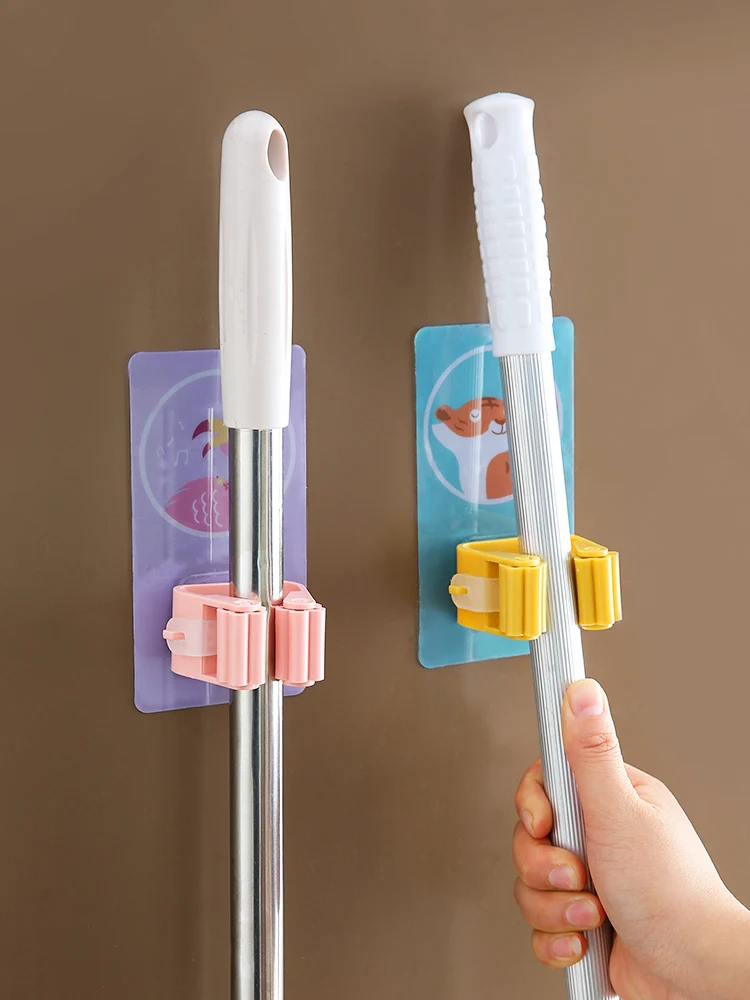 

Cartoon Mop Sticky Hook Broom Card Holder Sticky Hook Strong Non-marking Punch-free Wall Mount Bathroom Wall-mounted Mop Clip