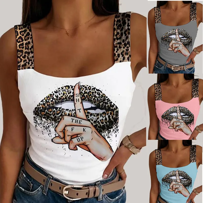 

Women Leopard Lips Print Tank Tops Sexy Pattern Square Neck Sleeveless Bustier Summer Lady Party Club Streetwear Short Camis
