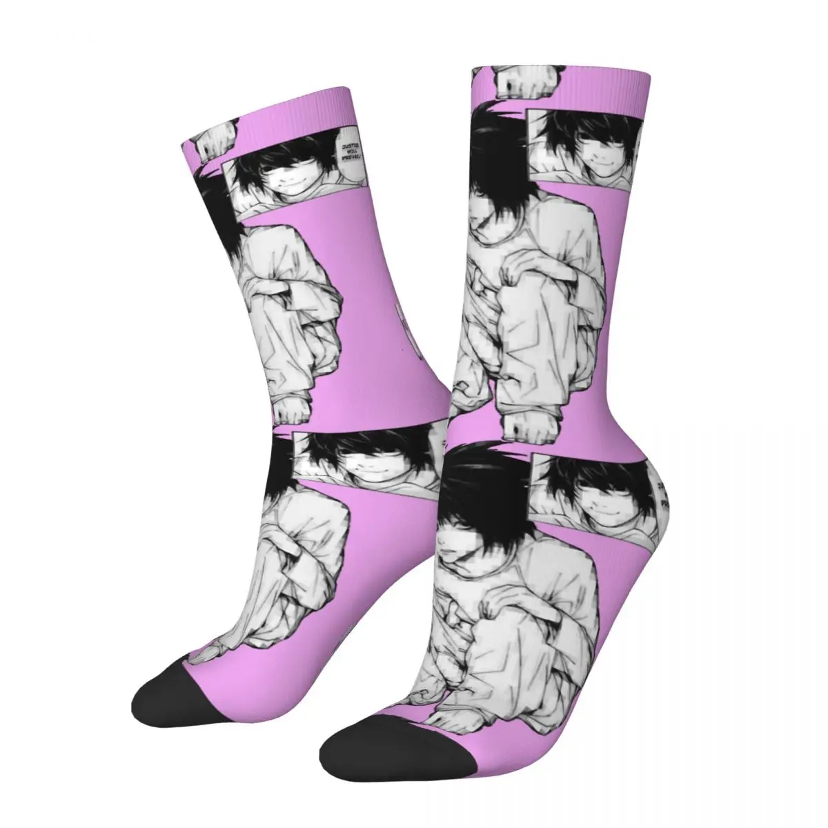 

Funny Crazy Sock for Men L Lawliet Glitched Hip Hop Vintage Death Note Light Yagami Ryuk Anime Seamless Printed Boys Crew Sock