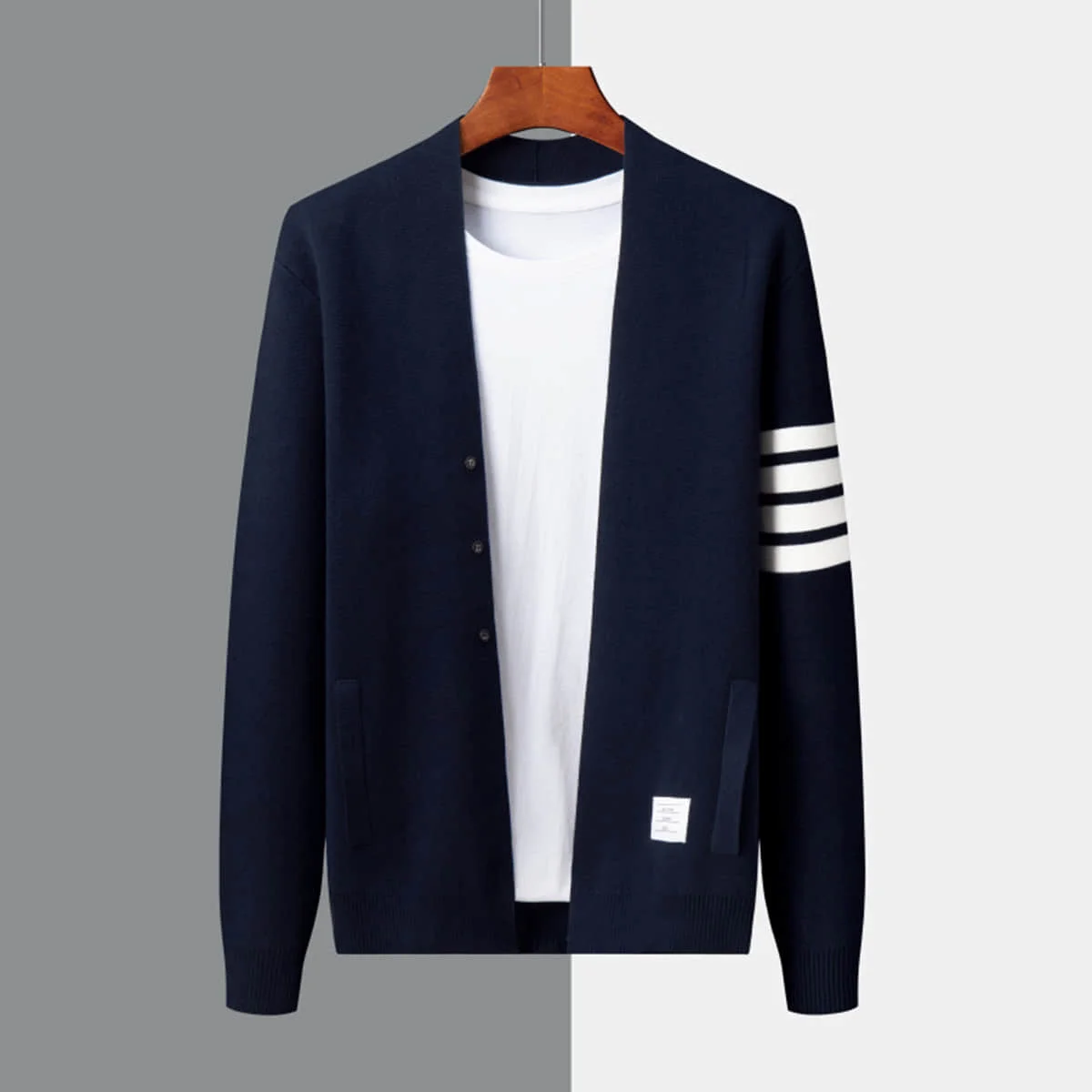 Luxury Brand TB Thom Casual Sweaters Classic Striped Cardigan V-neck Mens Street Fashion Button Tops Fit Knitting Casual Style