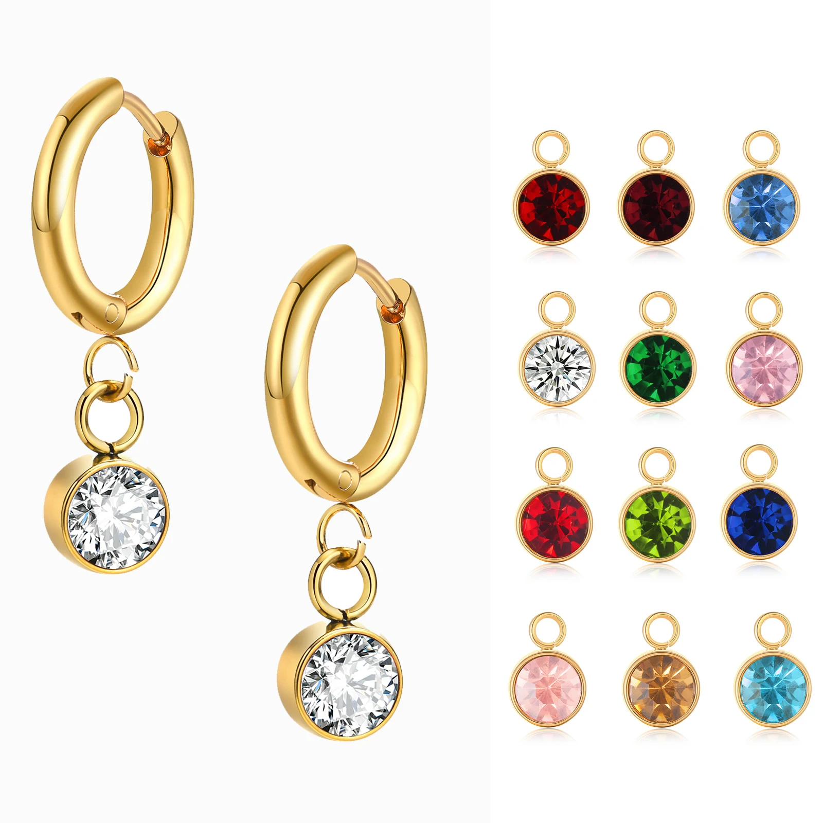 Birthstone Hoop Earring for Women Charm Dangle Stainless Steel Minimalist Jewelry | Earrings