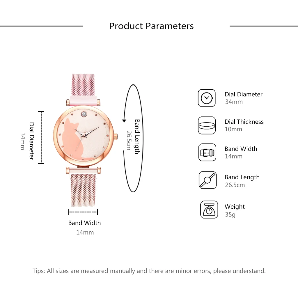 Women Fashion Watch Set 5Pcs Quartz Wristwatch Mesh Bracelet Cat Dial Luxury Women Watch Casual Ladies Clock With Bracelet Set