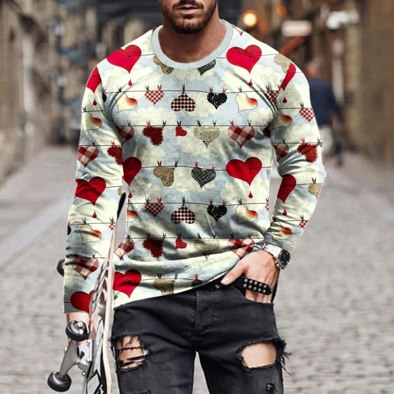 

Men's Love Series Printed T-shirt Personalized Trend Round Neck Pullover Bottom Shirt Fashion Sports Long Sleeve