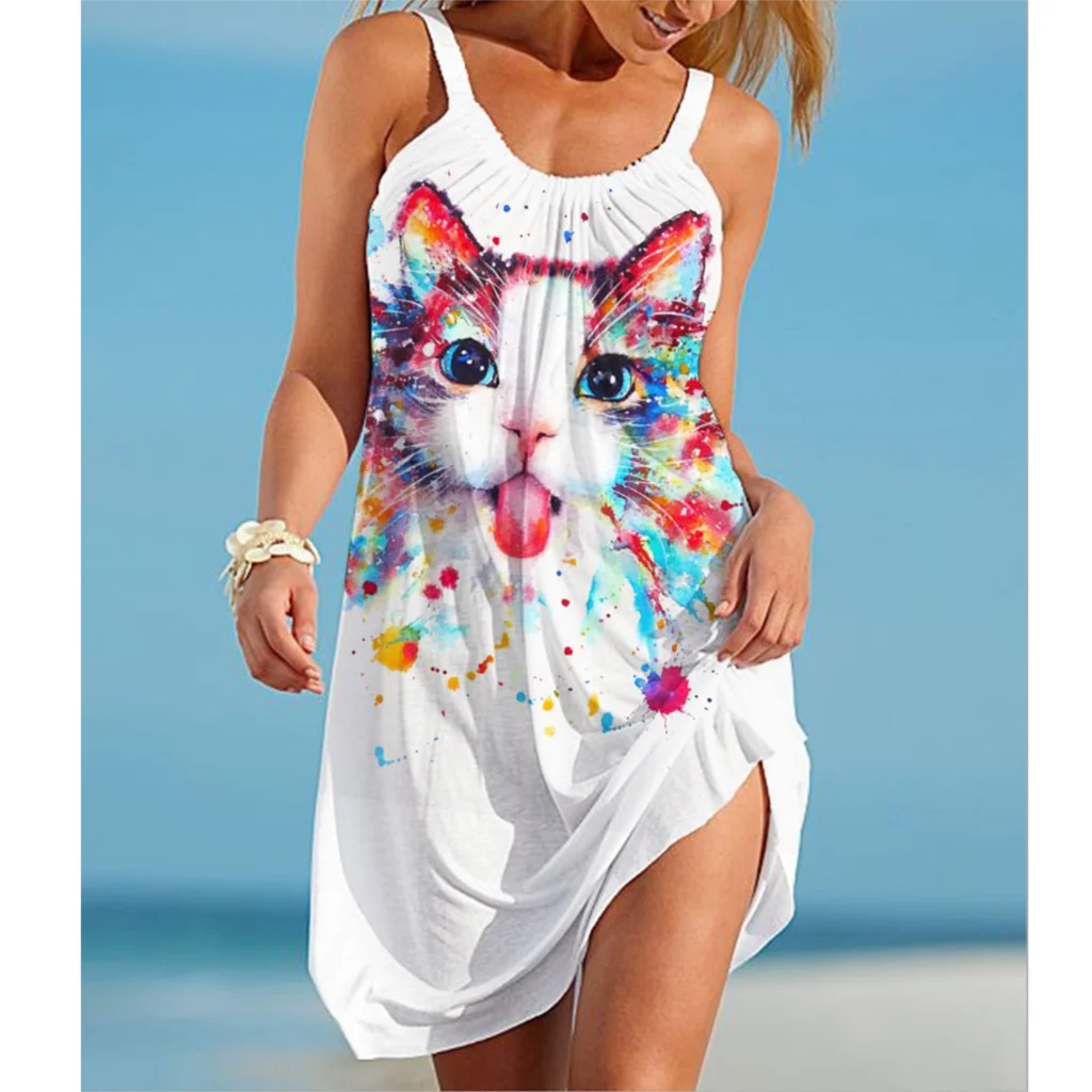 

2022 new fashion cute beautiful girl sexy dress small animal sleeveless mini dress printing spring and summer open collar