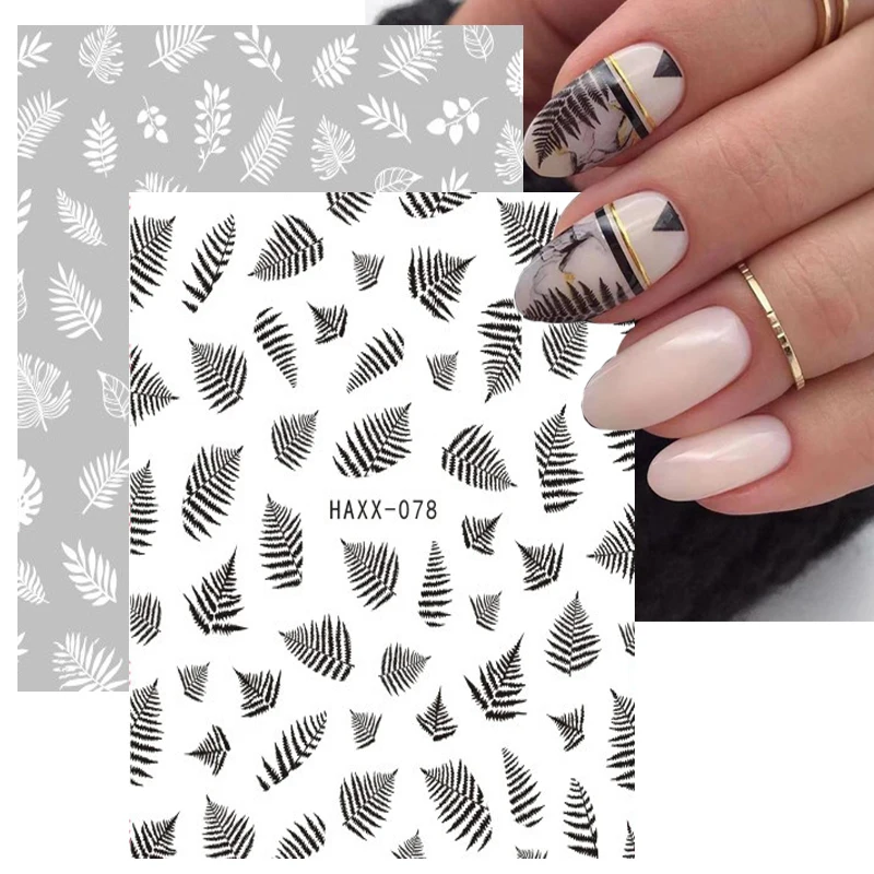 

3D Back Glue Nail Stickers Black White Flowers Leaves Totem Slider Nail Art Decoration Beauty Nail Art Decals