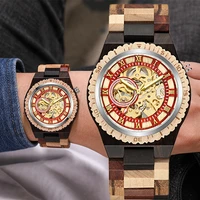 creative mechanical movement mens watch skeleton gold roman numeral dial wooden strap luminous pointer business gifts for men