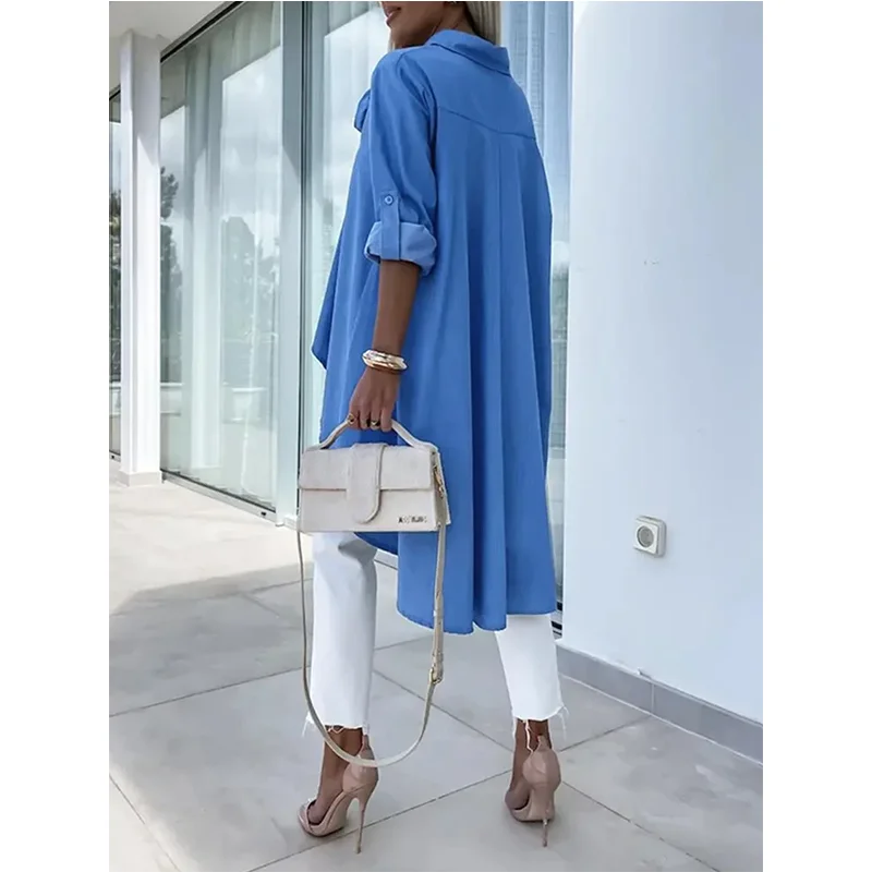 Однотонные блузки и рубашки Tinaa с коротким рукавом высоким воротником карманами