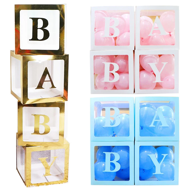 

Baby Shower Boxes Party Decorations 4 pcs Transparent Balloons Decor Boxes with Letter Individual BABY Blocks Design for Boys