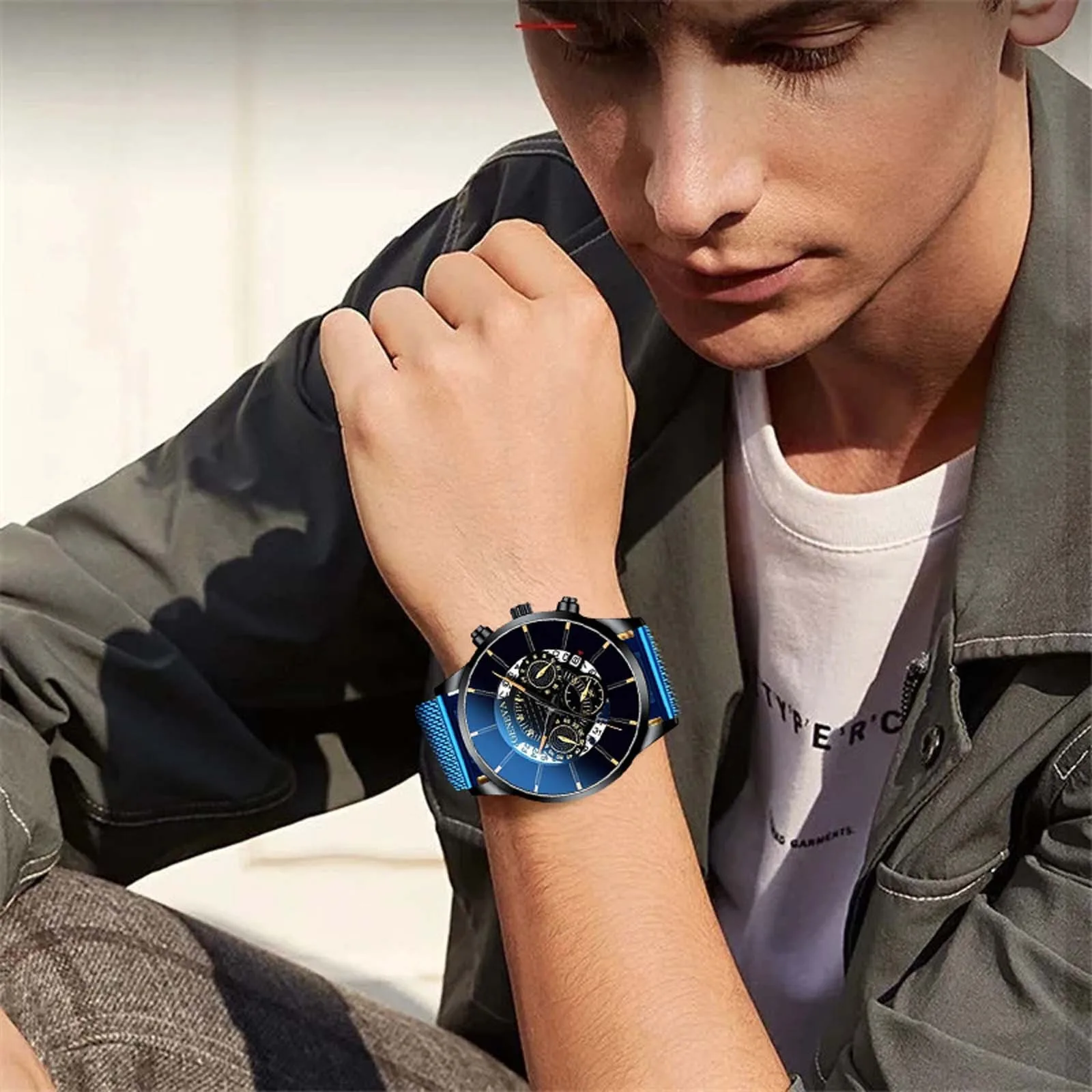 

Часы наручные мужские кварцевые с календарём, модные деловые Роскошные Синие аналоговые с сетчатым браслетом из нержавеющей стали, 2022