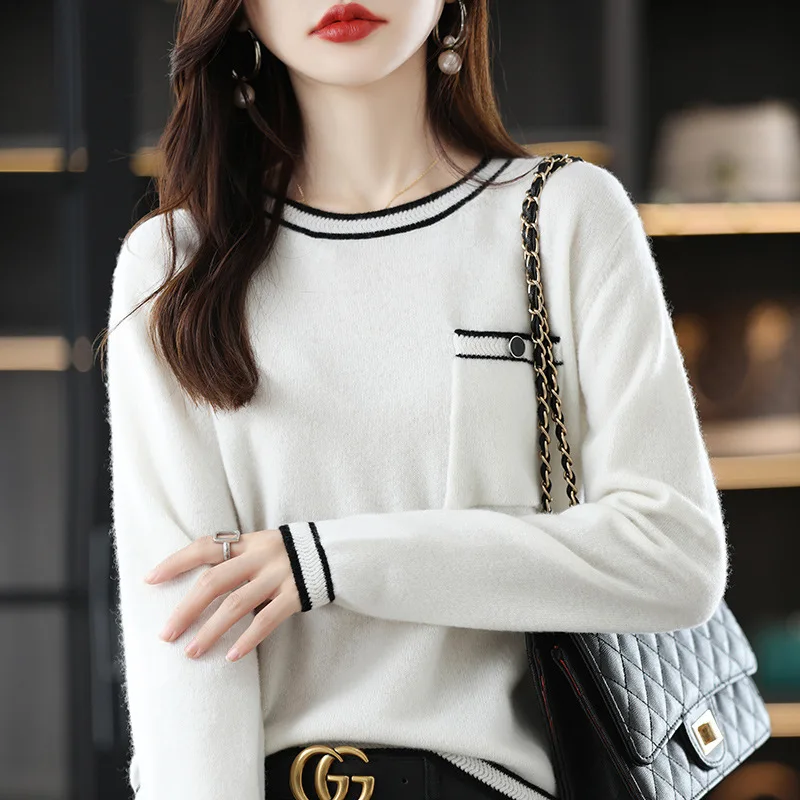 2022 autumn and winter new pure wool sweater ladies new round neck wool sweater pullover sweater fashionable and loose inside