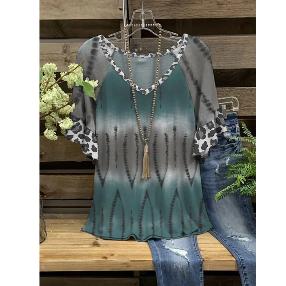 

Tops Women 3D Printed T-Shirt Loose Ruffle Vintage Gradient Printed V-Neck Short Sleeve Casual T-Shirt Summer Streetwear