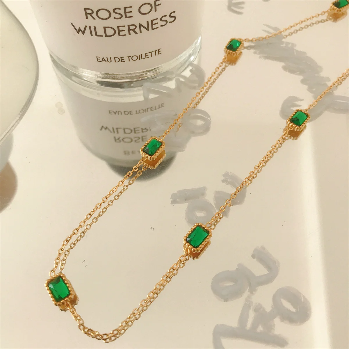 

Multiple Green Square Emerald Zircon Necklaces for Women Luxury 18K Stainless Steel Choker Neckalce Temperament Trend Jewelry