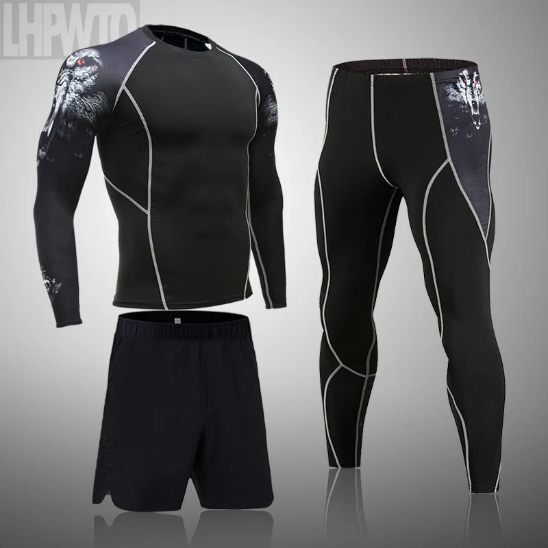 

3pcs /Set Men's Tracksuit Gym Fitness Compression Sport Suit Clothes Running Jogging Sports Thermal Underwear Workout Tights