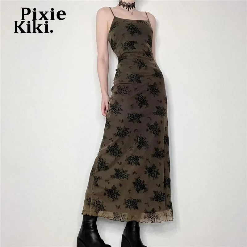 

PixieKiki Y2k Волшебные гранж макси платья для женщин винтажный принт на тонких бретельках облегающее длинное платье Лето 2022