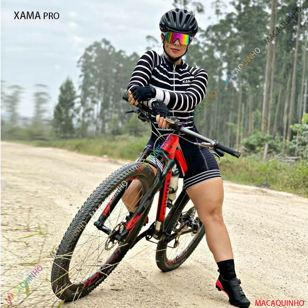 

XAMA Pro Long Sleeved Cycling Triathlon Clothes Skinsuit Sets Women's 20D Pad Macaquinho Ciclismo Feminino Bicycle Jumpsuit Kits