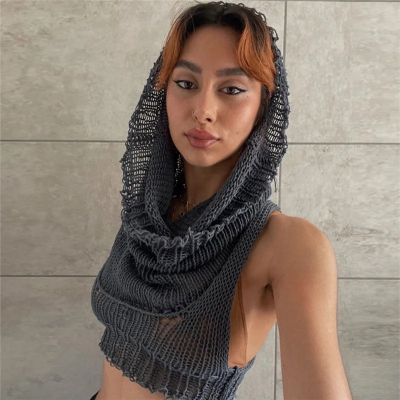 

Hooded Sleeveless Knitted Sweater Vest Streetwear Fashion Sexy Y2k Crop Top Autumn Clothes Women 2022 Vintage Sweater