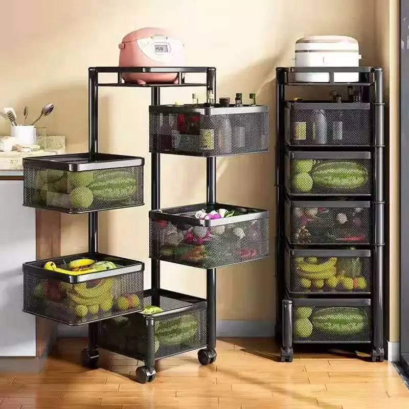 

3/4/5 Tier Rotating Storage Baskets Rack Stackable Metal Basket Kitchen Storage Shelf Cube Fruit Vegetable Organizer With Wheels