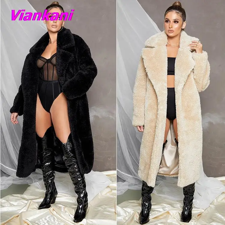 2022 New Faux Lamb Fur Coat Women Autumn Winter Lapel Slim Chic Long Fur Jackets Simple Solid Female Clothing Black Yellow Coats