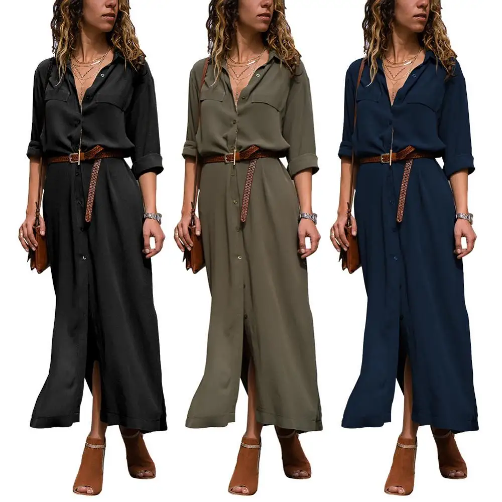 

2020 Casual Women Solid Color Single Breasted Slit Loose Shirt Maxi Dress with Belt