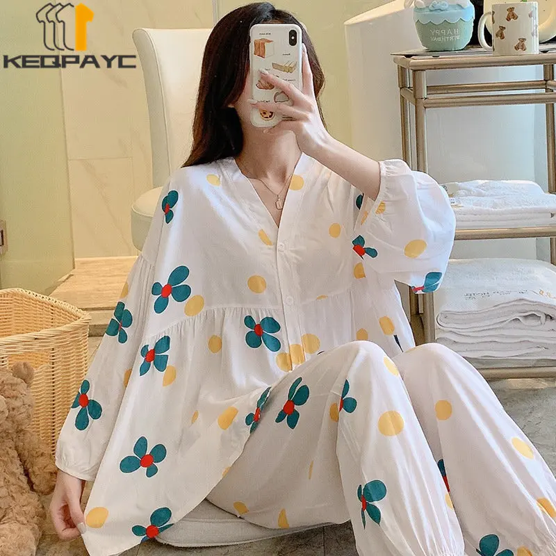 Women's Pajamas New 2023 Spring Autumn Long Sleeve V-neck Thin Cardigan Sleepwear Women Cartoon Floral Nightwear Clothing Sets