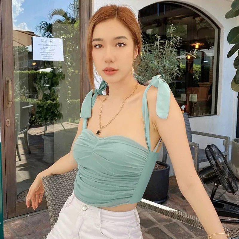 

Women Mesh Camisole Sexy Bow Lace up Sweet Cami Cropped Top Summer Female Solid Blue and Green Pleated Corset Tops Vest Tank Top