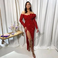 caroline red side slit long mermaid evening dress 2022 long sleeves strapless dubia prom gowns abendkleider party custom made