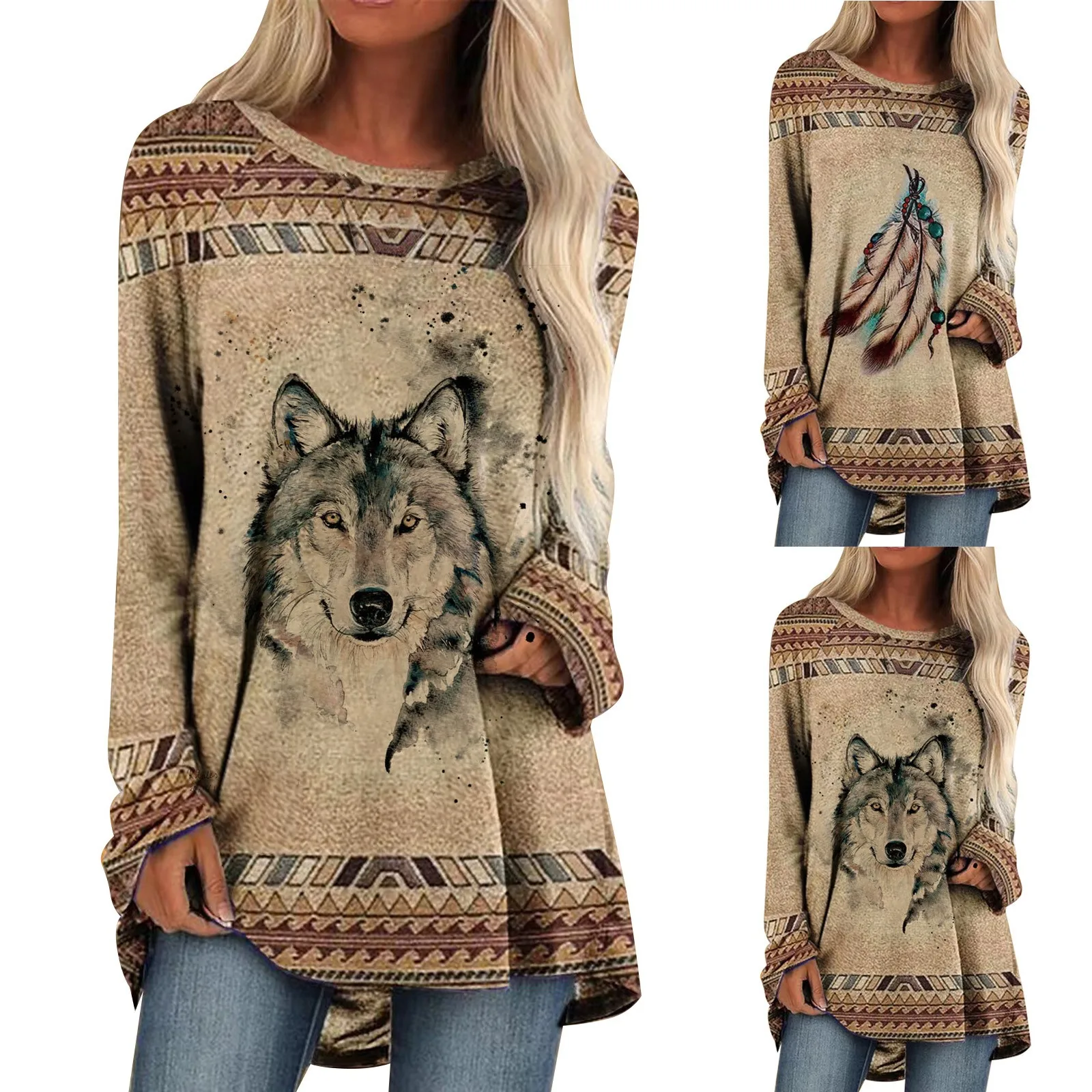 

Women's Tunic Marron Green Blue Geometric Plaid Print Long Sleeve Casual Vintage Boho Ethnic Round Turtleneck T Blouse Same Day