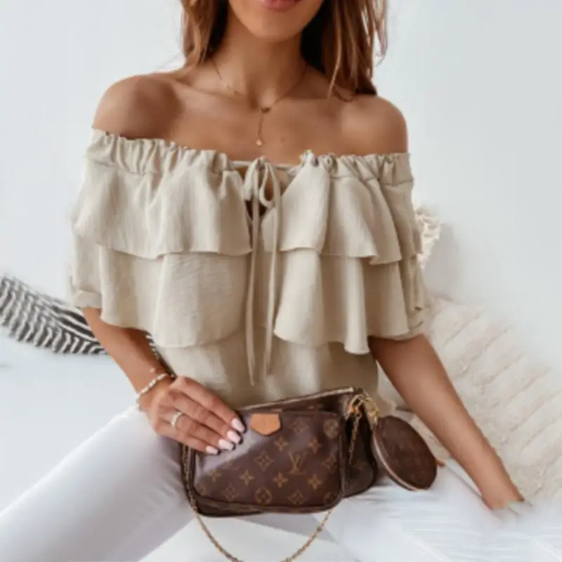 

New Collar Pullover Chiffon Lace-up Online Celebrity Sexy T-shirt Casual Loose Ruffled Short Sleeve Blouse Women's Summer 2022