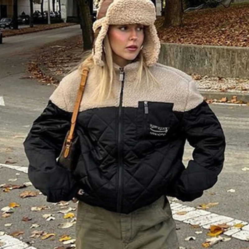 Fashion Patchwoek Keep Warm Puffer Jacket Winter Outfits Women Long Sleeve Zipper Top Bubble Black Casual Street Coat Wholesale