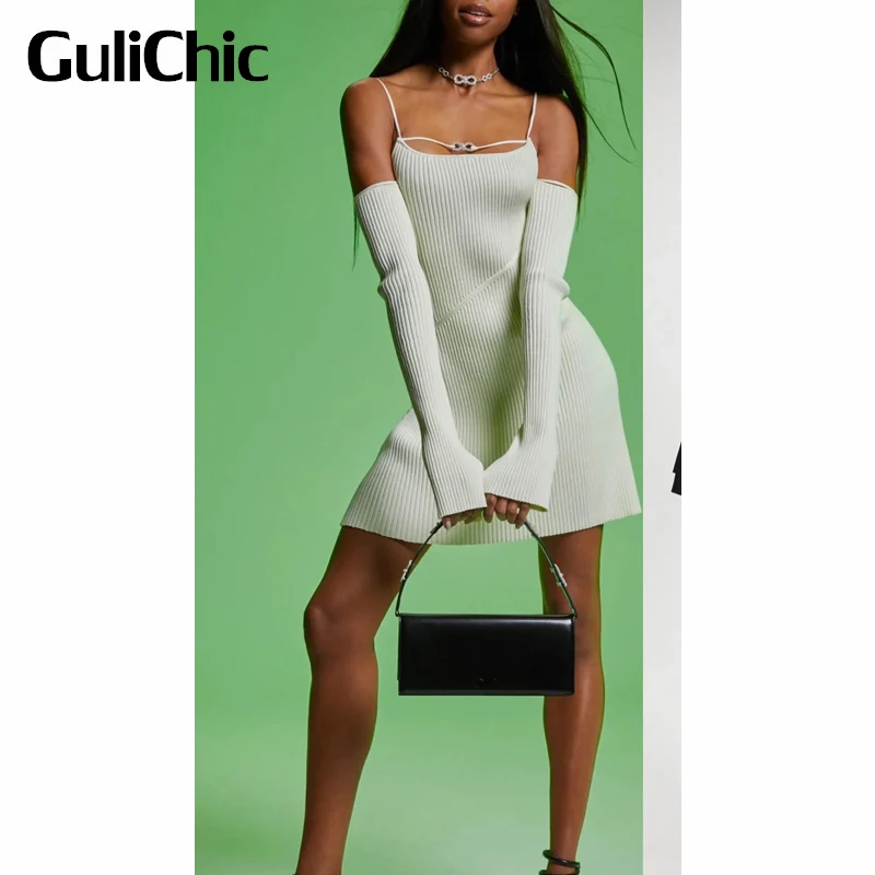 

10.15 GuliChic Women Fashion Rhinestone Bow Decoration Sexy Off Shoulder Spaghetti Strap Knitted Slim Stretch Dress