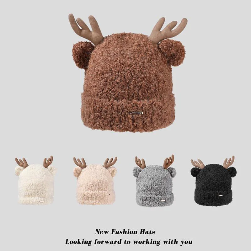 

Kawaii New Pattern Christmas Antler Knitted Hat Female Kawaii Decrement of Age Cashed Ear Protecting Cashmere Thermal Cap