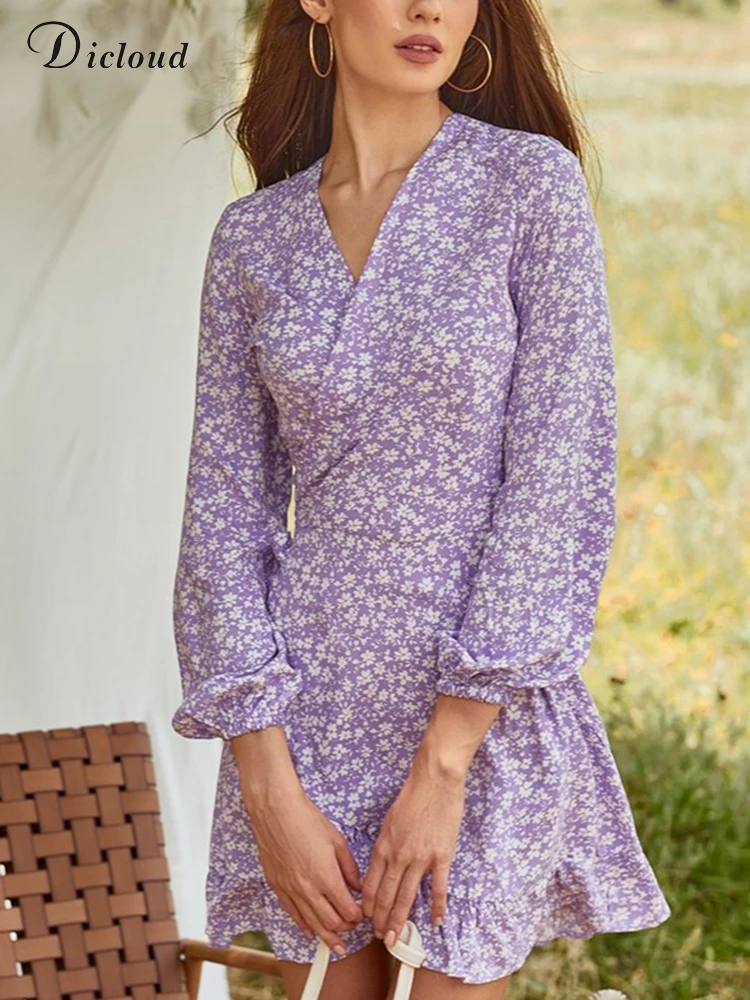 

DICLOUD Sexy Summer Women Dress 2022 Floral Ruffle V Neck Long Sleeve Flowers Sundress Elegant Party New Sweet Female Clothing