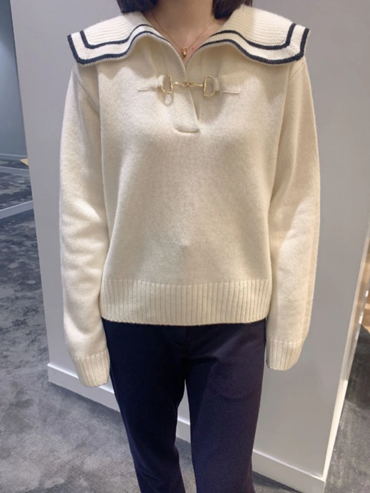 

Women Sweater 2022 Autumn and Winter New Sandr Striped Sailor Neck Metal Buckle Women Casual Pullover