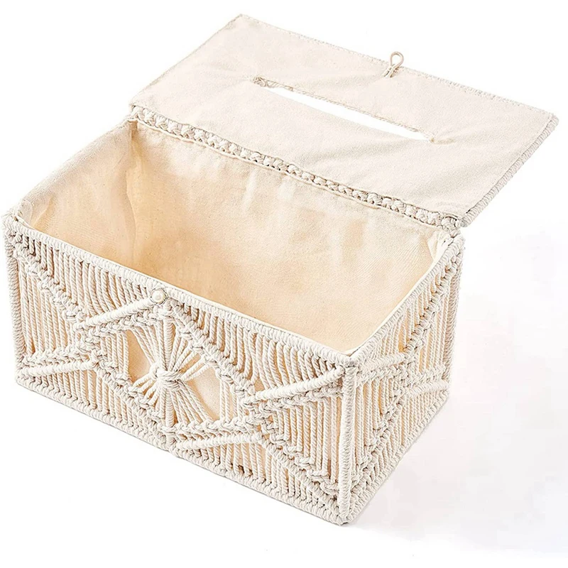 

2X Tissue Box Cover Boho Decor Rectangular Paper Tissue Holder With Bead Buckle Macrame Napkin Tissues Organizer