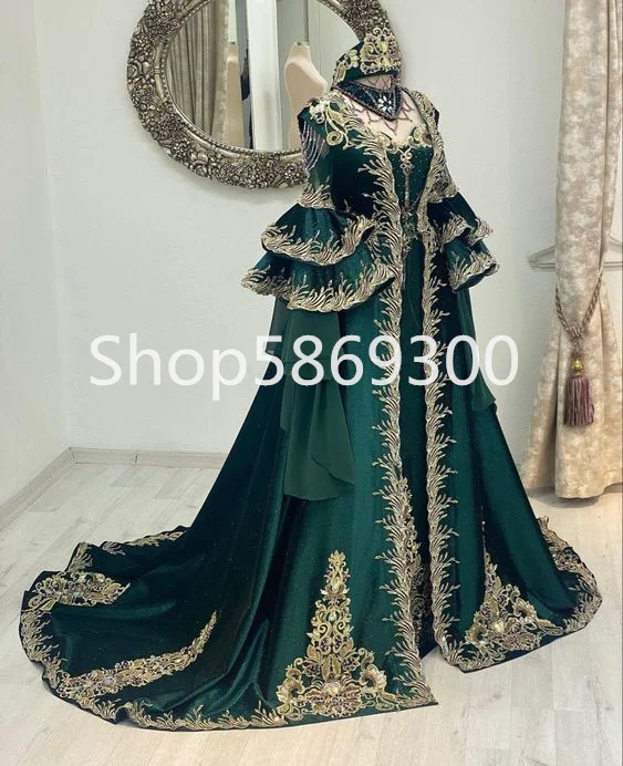 

Hunter Green Arabic Caftan Prom Dresses Fairy Long Sleeve Lace Applique Stain Kaftan Moroccan Evening Gown Outfit robes
