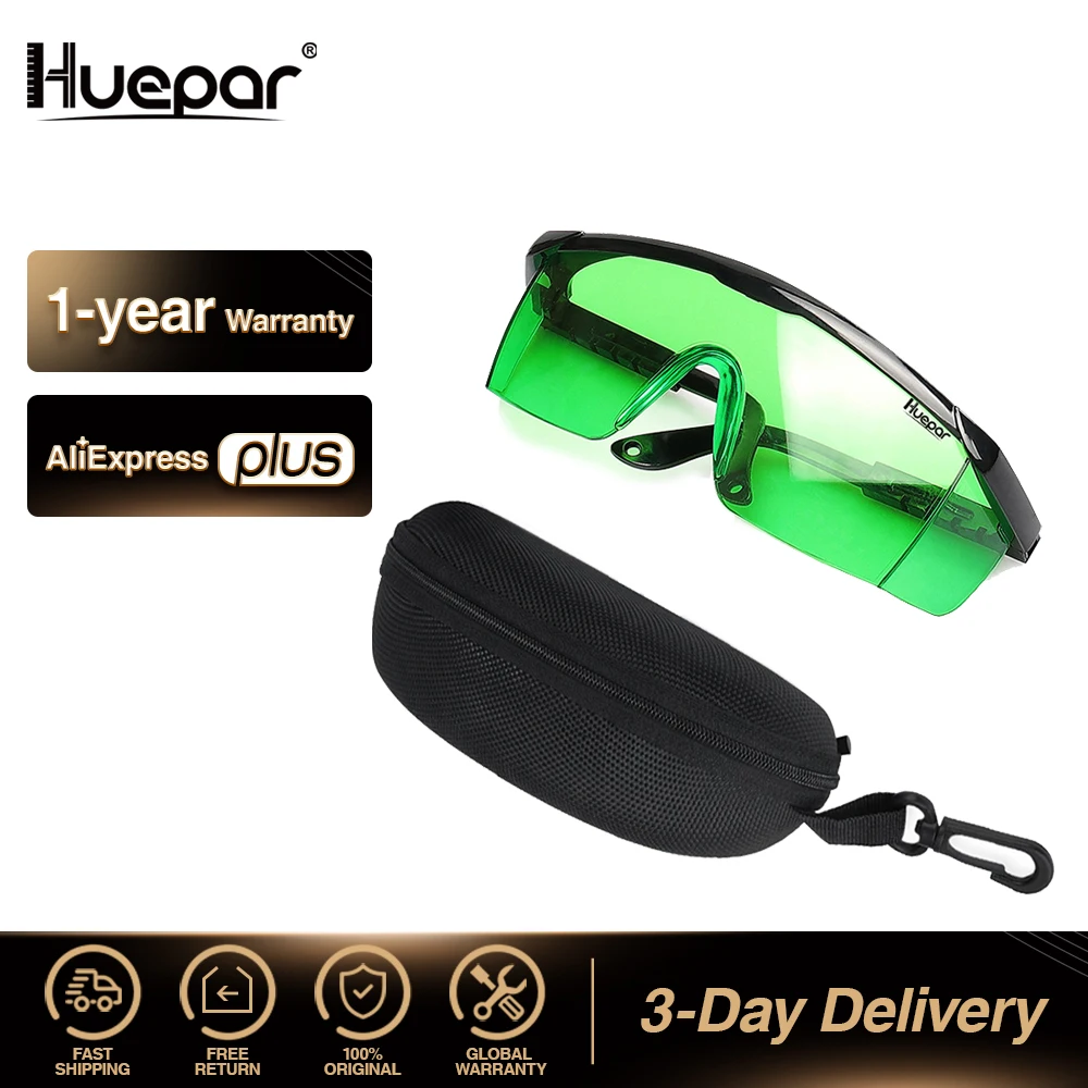 Huepar-gafas de seguridad para aumento láser, lentes de protección verde, ajustables, con estuche rígido para láser de línea/rotativo