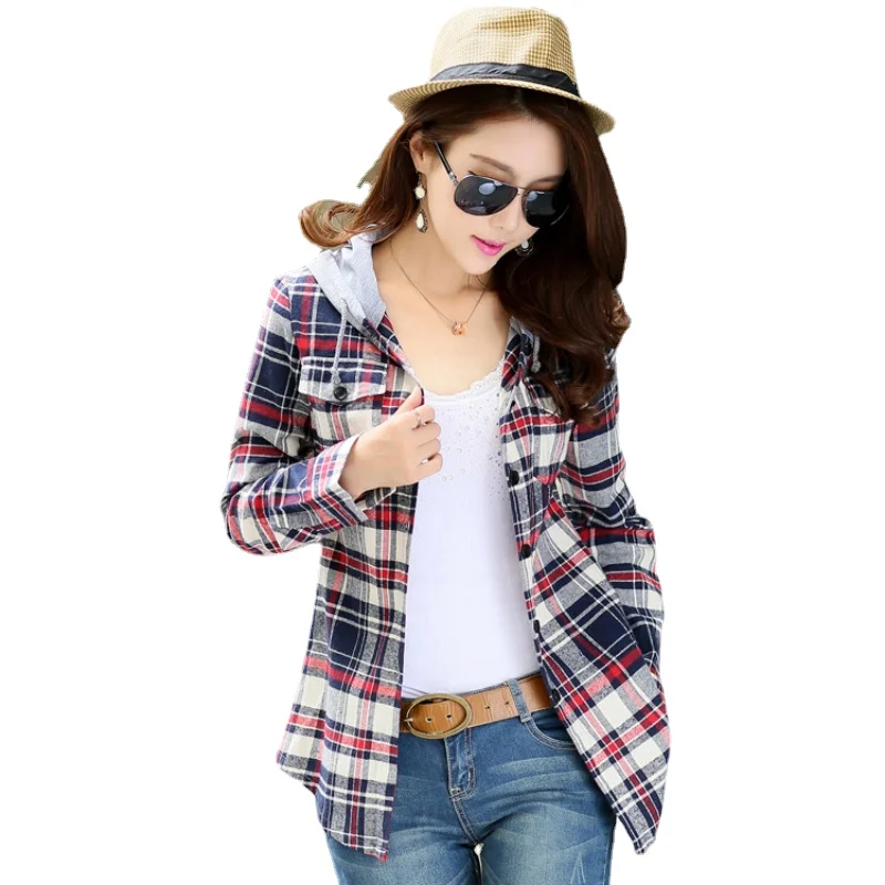 New Women Fashion Plaid Hooded Shirt Loose Flannel Shirt Long Sleeve Woman Blouse Shirt Cotton Blusas British Style Womens Tops