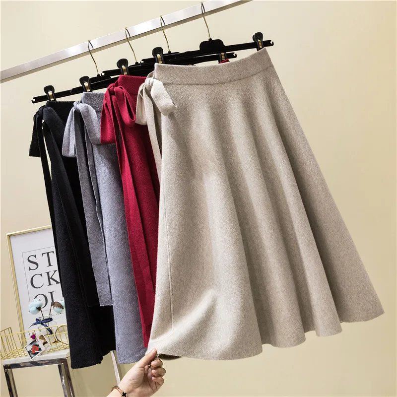 

Autumn Winter Korean Cashmere Blend Sashes Mid Calf Knitted Long Skater Skirts High-waist Flared Pleated Below Knee Knit Skirts