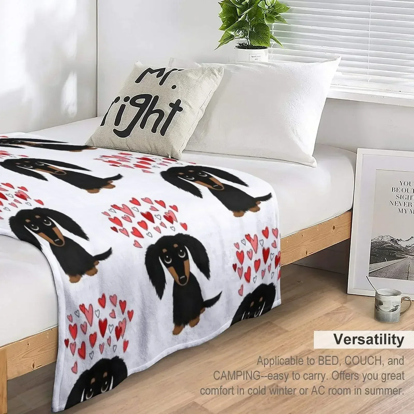 Черно-коричневое длинношерстное одеяло для таксы с сердечками мягкое плед