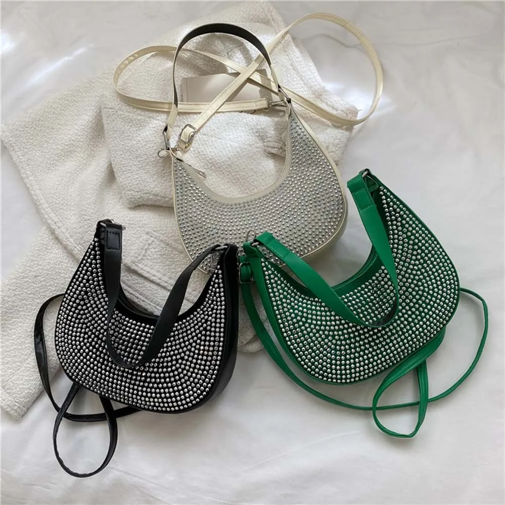 

Fashion Rhinestone Women Shoulder Bag Crescent Shiny Diamond Female Leather Underarm Totes Messenger Half Moon Handbag Clutch