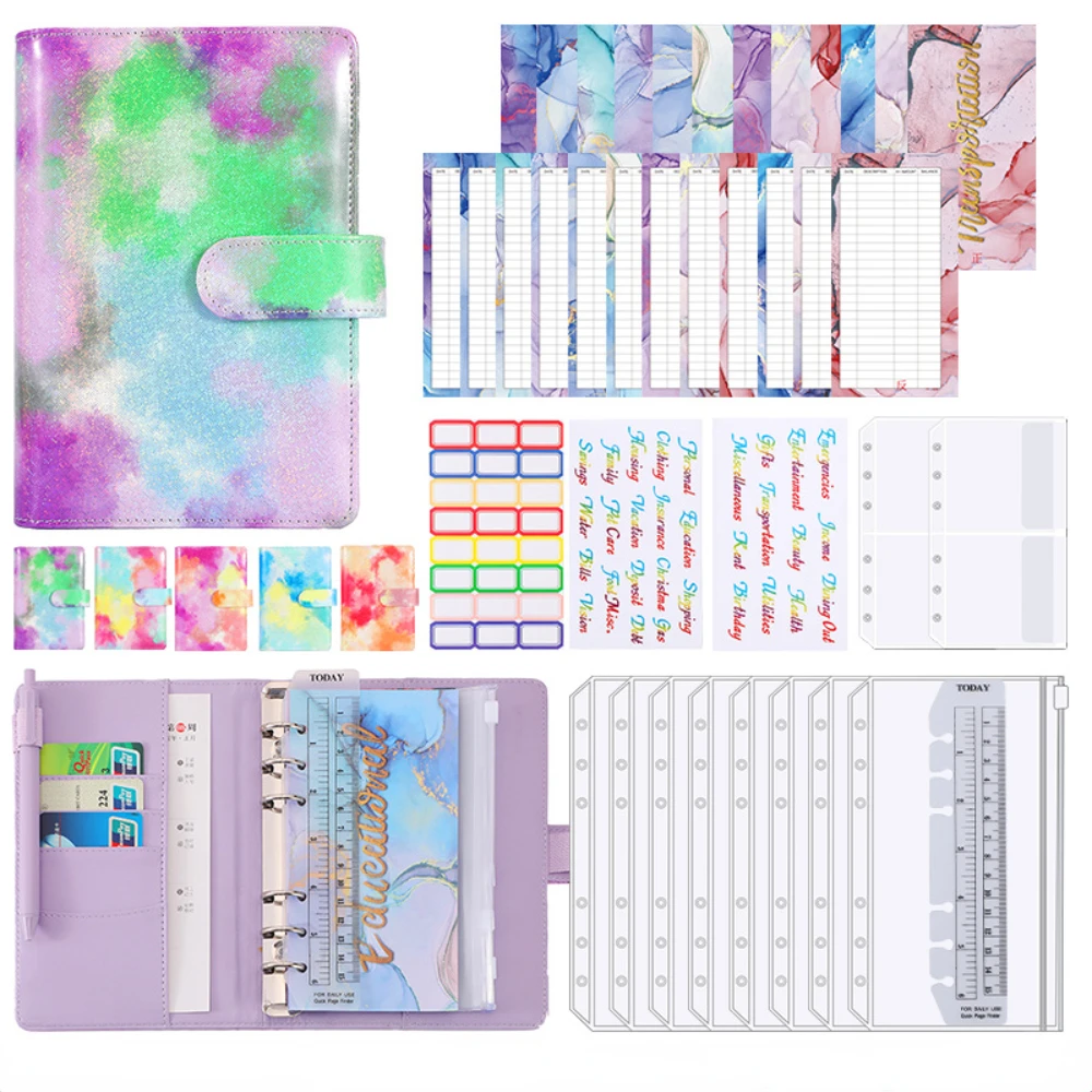 

A6 PU Leather Notebook Cloud Binder Budget Planner Organizer Creative 6 Ring Binder Cover Pockets 12 Pcs Expense Budget Sheets
