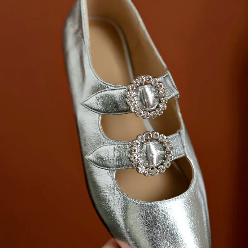 Gold Silver Black Heeled Flats Girls Luxury Mary Janes Shoes 2022 Fall Retro Genuine Leather Crystal Buckle Sweet Princess Shoes