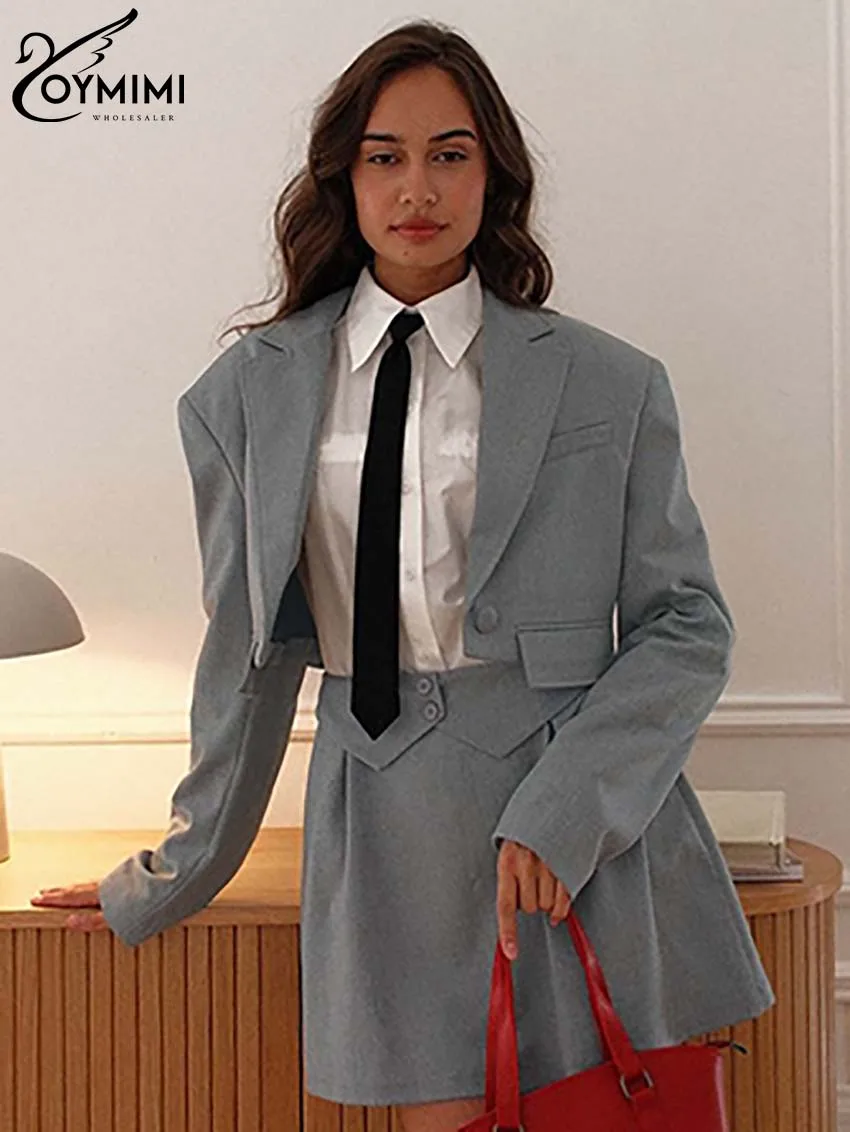 Oymimi Элегантные серые комплекты Женские из 2 предметов Модные рубашки с длинными