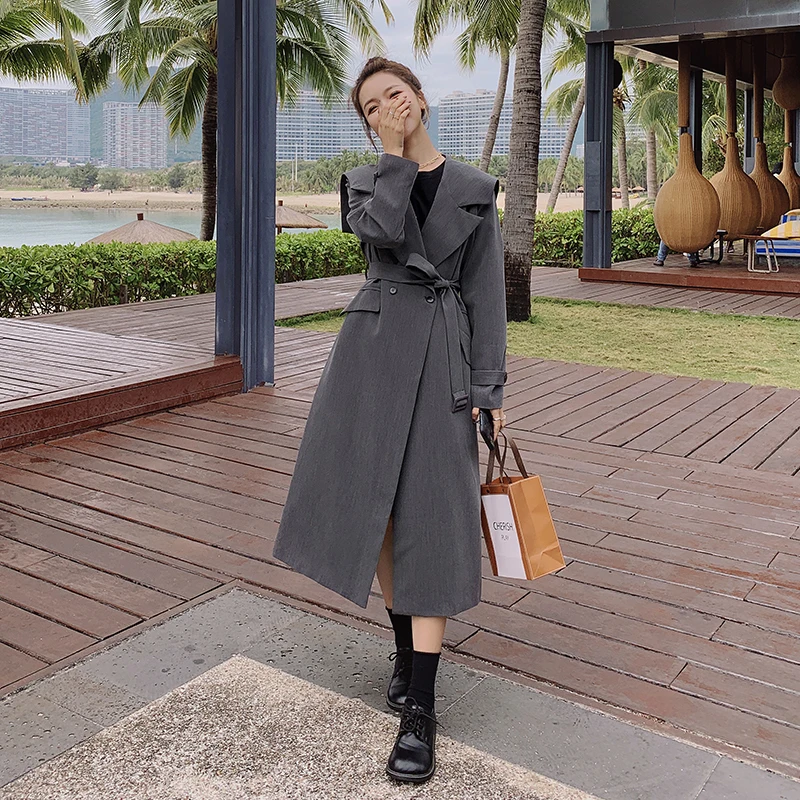 

Women's Windbreaker Spring Gray Navy Long Big Size Loose Wind Jacket Female 100% Cotton Trench Coat Korean Casual Ladies Cloak