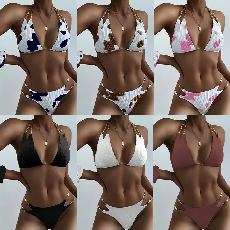 

European Snd American Printed Sexy Split Bikini Swimwear Women’s Three-point Chain Seaside Bikini Swimsuit Women