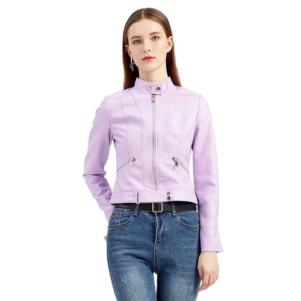 2021 new leather dress women's short jacket spring and autumn stand collar jacket European size d02#a