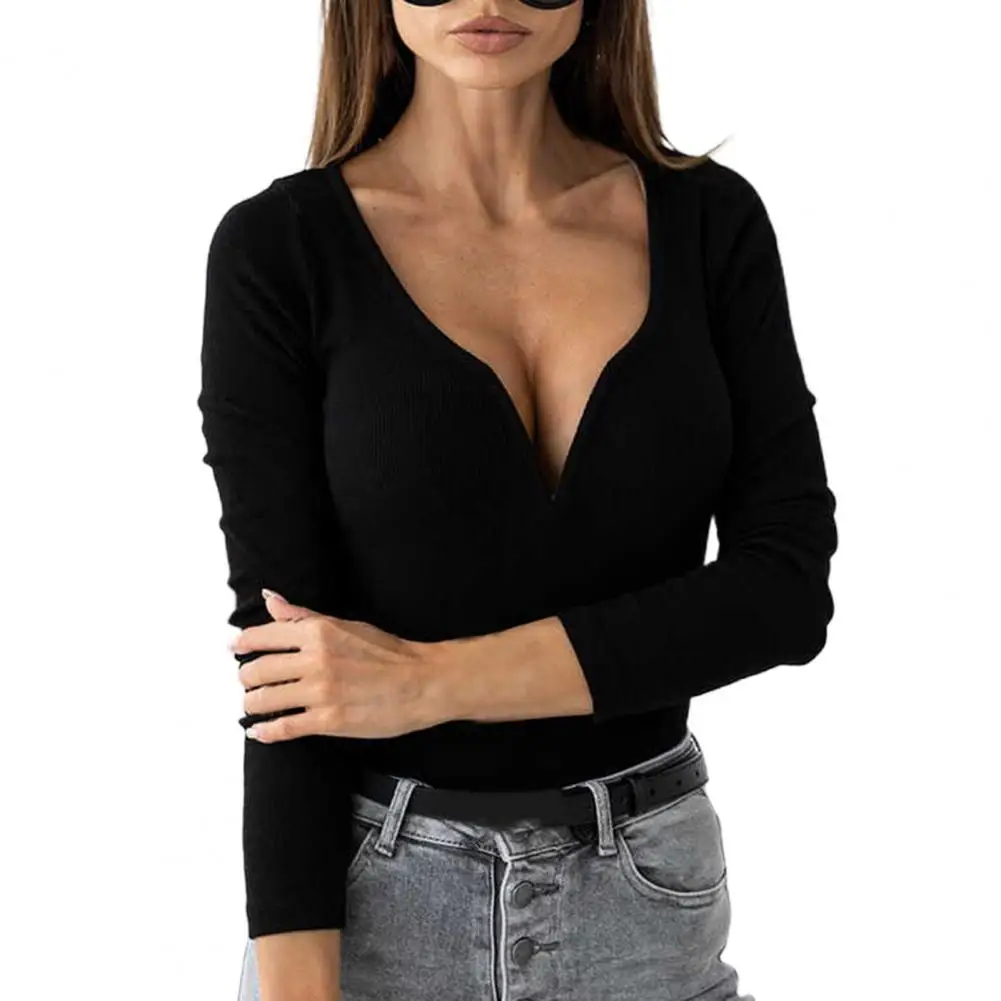 

Casual Women's Blouse V Neck Slim Commute Style Solid Color Ribbed Long Sleeve Top Women 2021 for Going Out Black 2XL