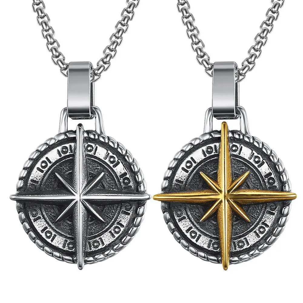 

SHOUMAN New Vintage Ox Head Navigation Compass Compass Personality Hip-hop Punk Style Long Stainless Steel Necklace