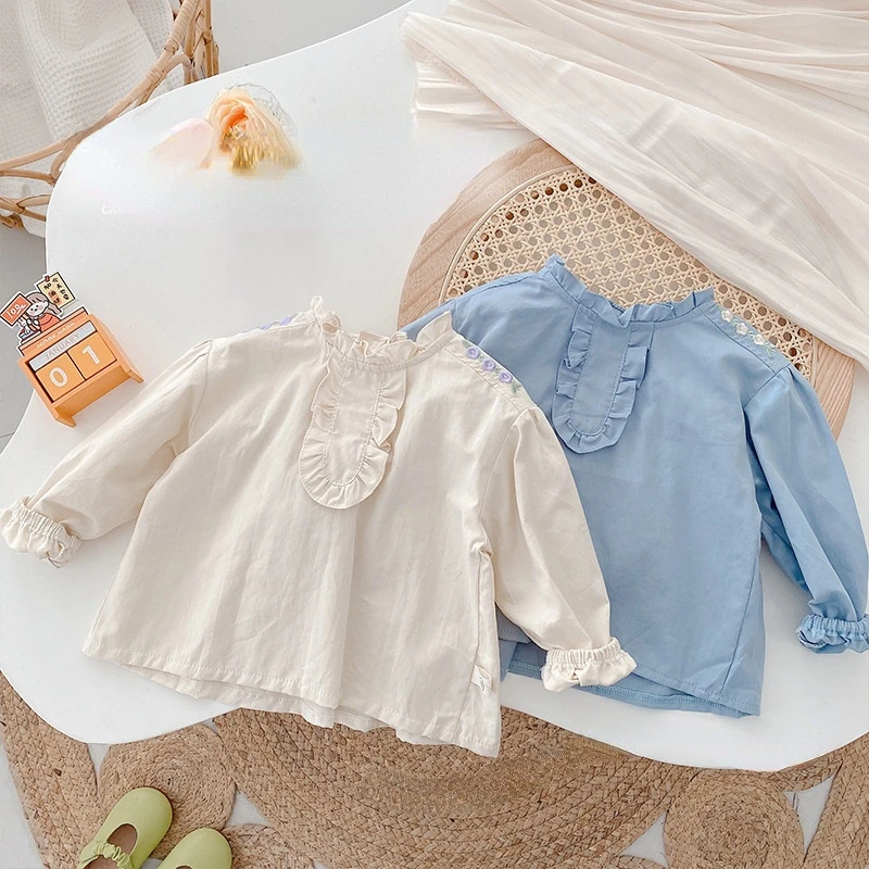 

Korean style spring baby girls vintage cotton blouses kids floral embroidery long sleeve Tops