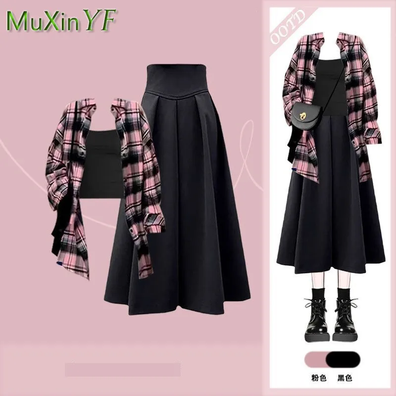 Женская 23 весна/лето новая модная клетчатая рубашка + бретелька юбка-миди